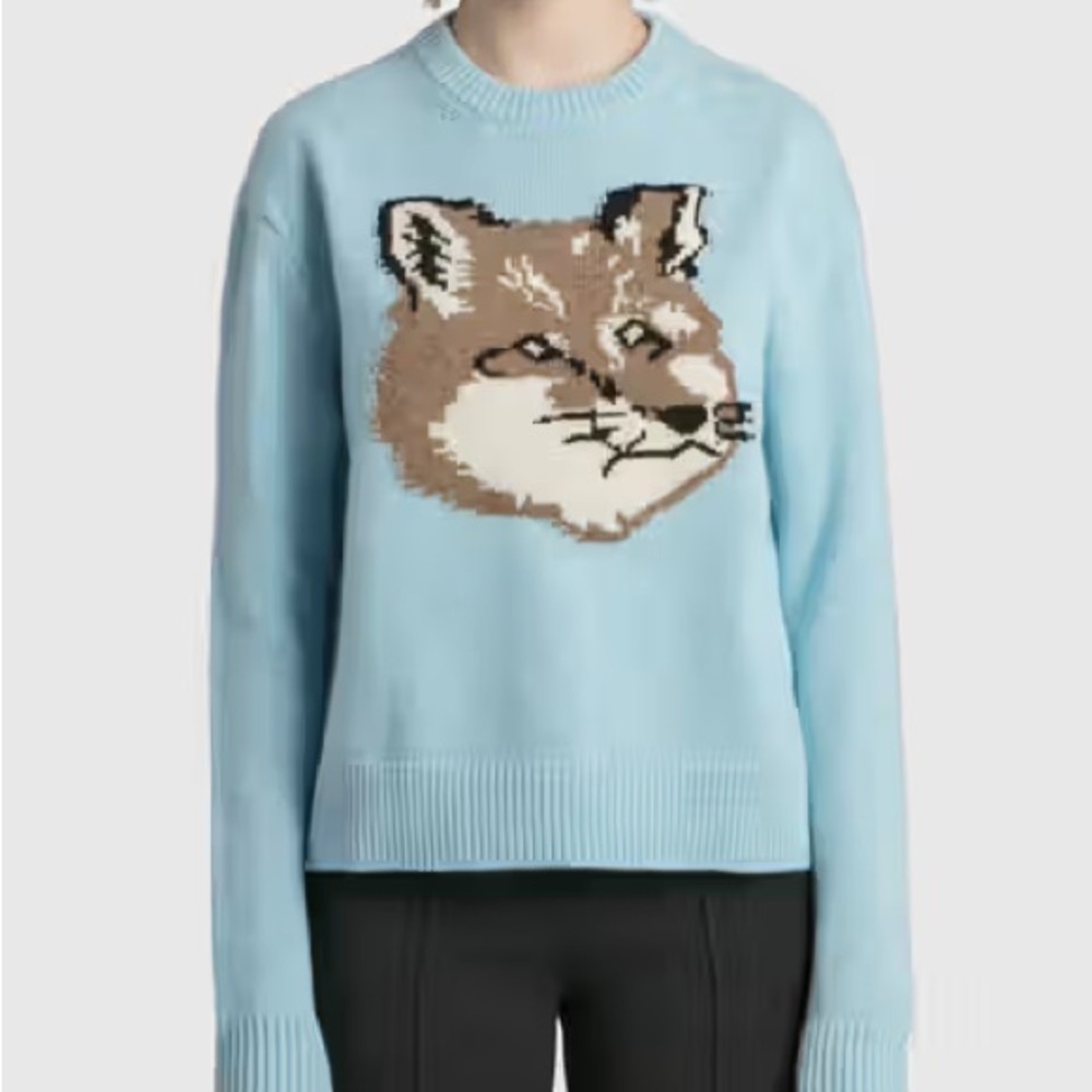 MAISON KITSUNE Sky Blue Fox-Intarsia Crewneck Sweater